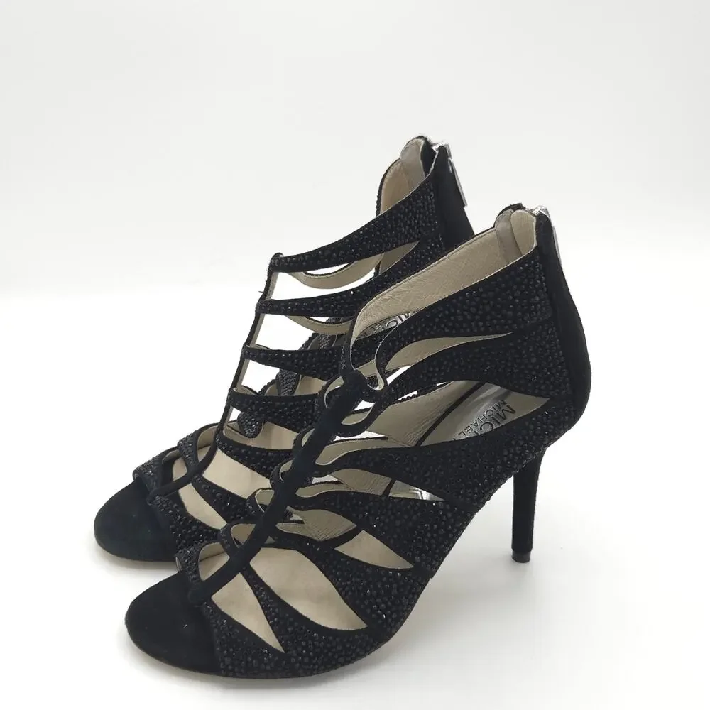 MICHAEL KORS Women's Caged Sparkle Heels Black Tan  Zip Up Stiletto Size 6